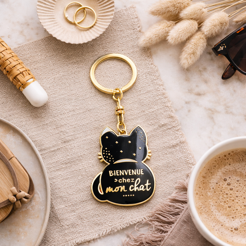 Porte-clés - Chat - Bienvenue chez mon chat – cadeau chat – cadeau crémaillère
