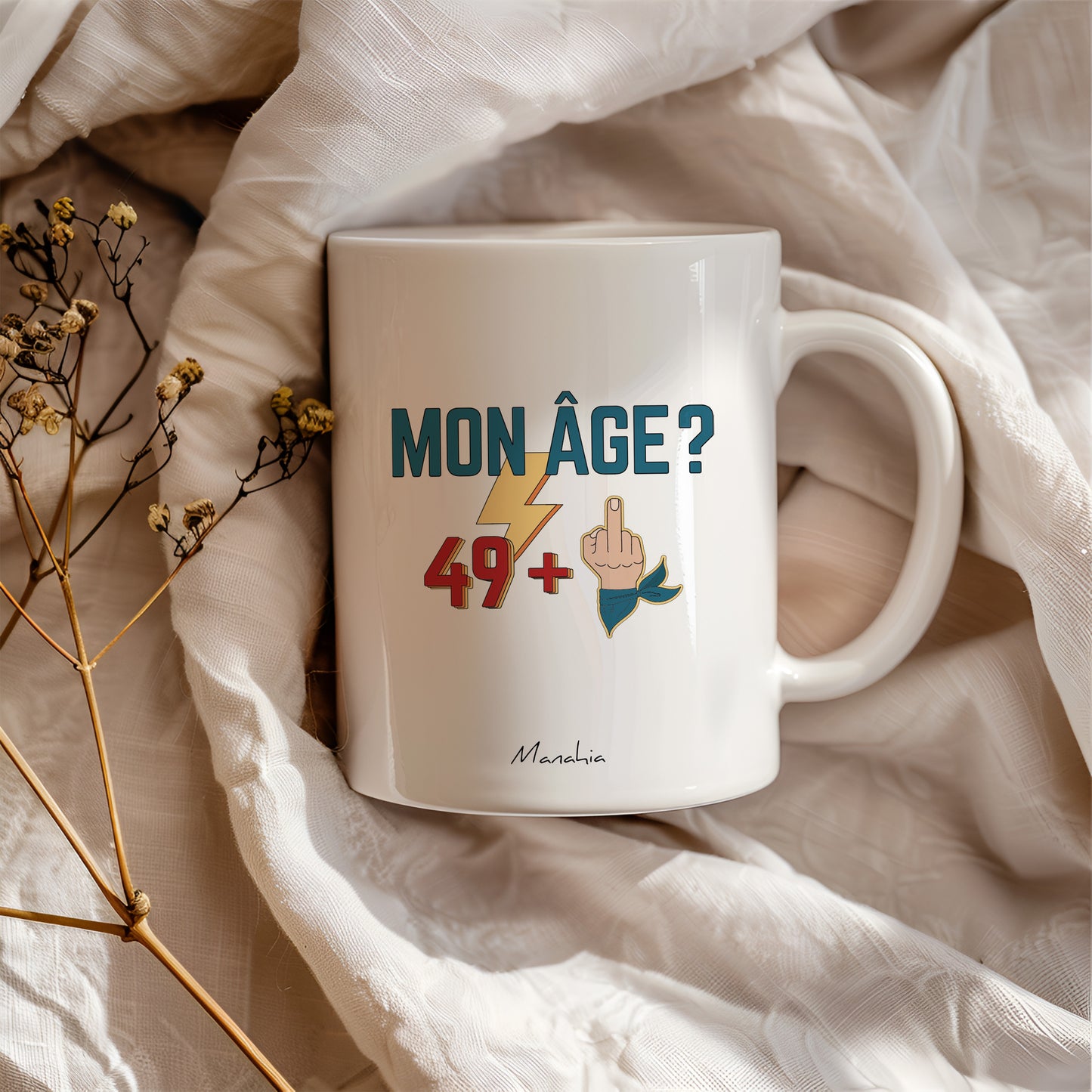 Mug anniversaire 50 ans - Homme - Mon âge ? 49 + - Manahia