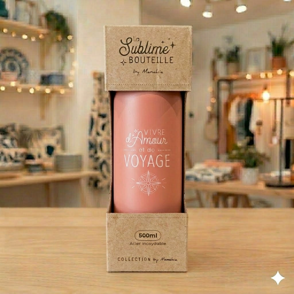 Bouteille voyage – Vivre d’amour et de voyage – gourde isotherme inox 500 ml – cadeau voyageur – randonnée