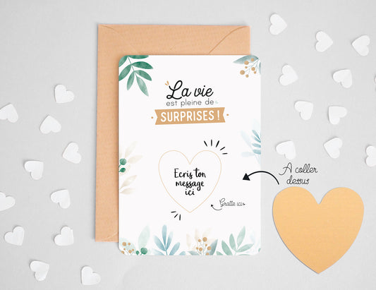 Carte à gratter - Coeur - La vie est pleine de surprises - Carte à personnaliser - Manahia