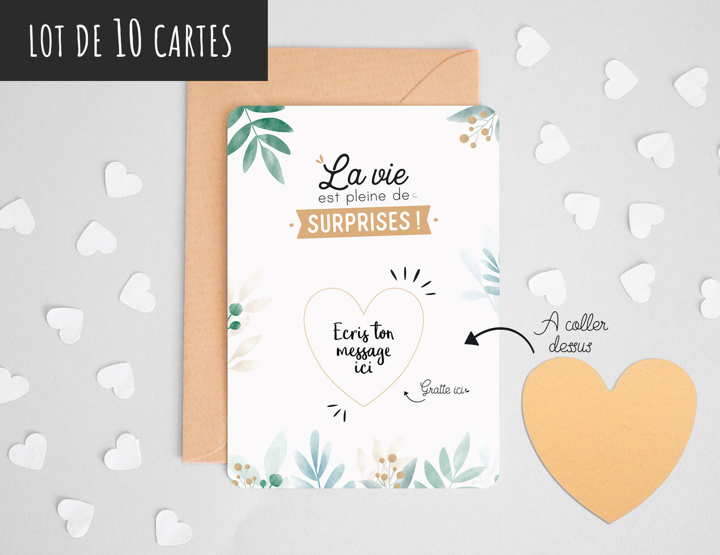 Carte à gratter - Coeur - Lot de 10 - La vie est pleine de surprises - Carte à personnaliser - Manahia