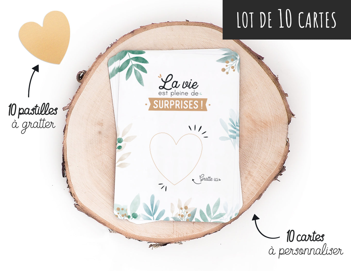 Carte à gratter - Coeur - Lot de 10 - La vie est pleine de surprises - Carte à personnaliser
