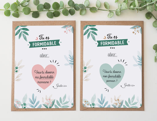 Lot de 2 cartes à gratter parrain et marraine - Cœur - Manahia