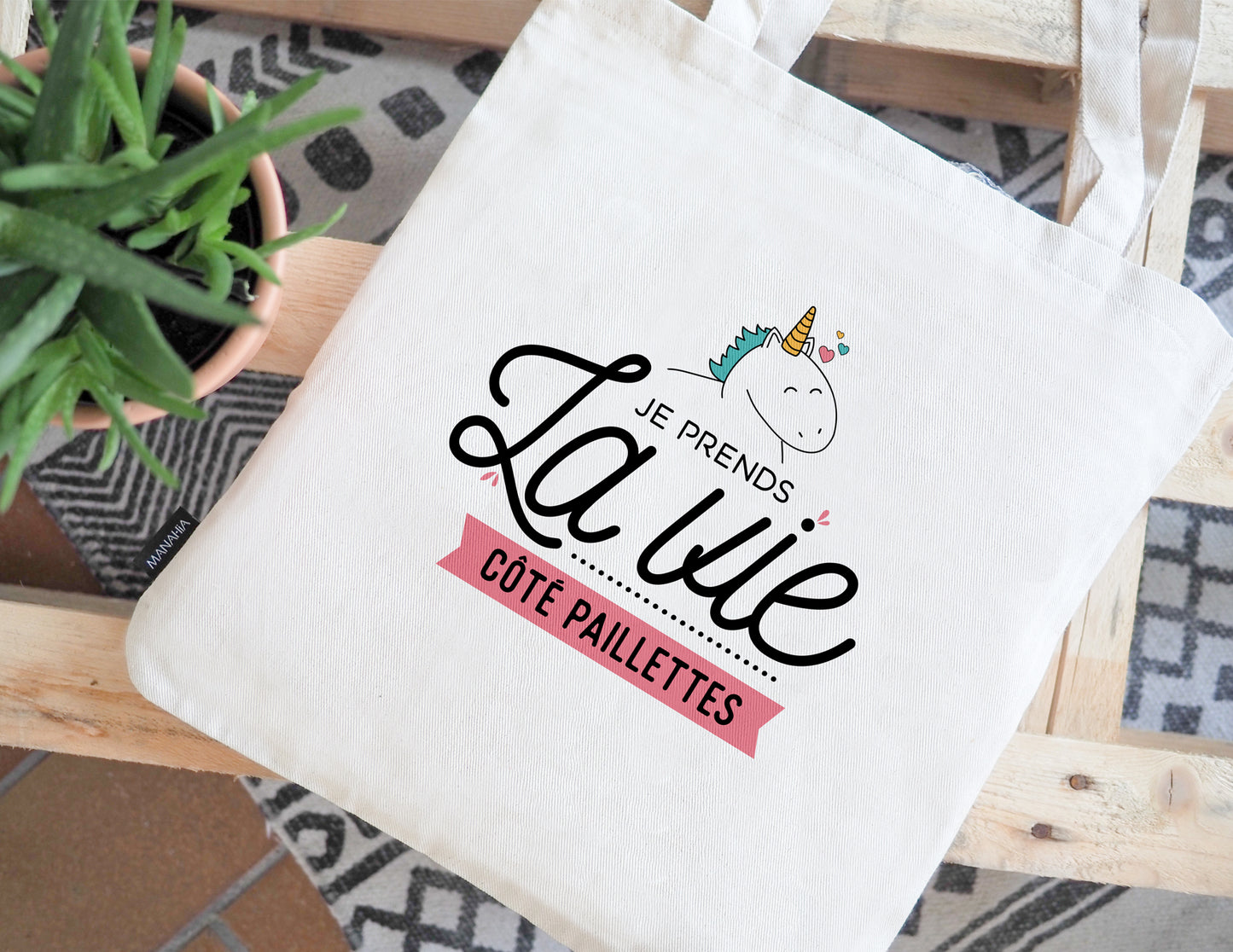 Totebag - licorne Je prends la vie côté paillettes