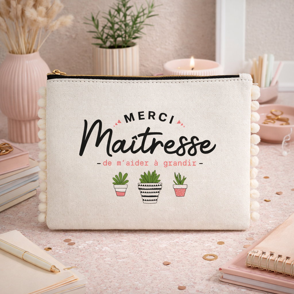 Pochette pompons maîtresse – Merci maîtresse de m’aider à grandir – pochette coton – cadeau maîtresse – fin d’année scolaire