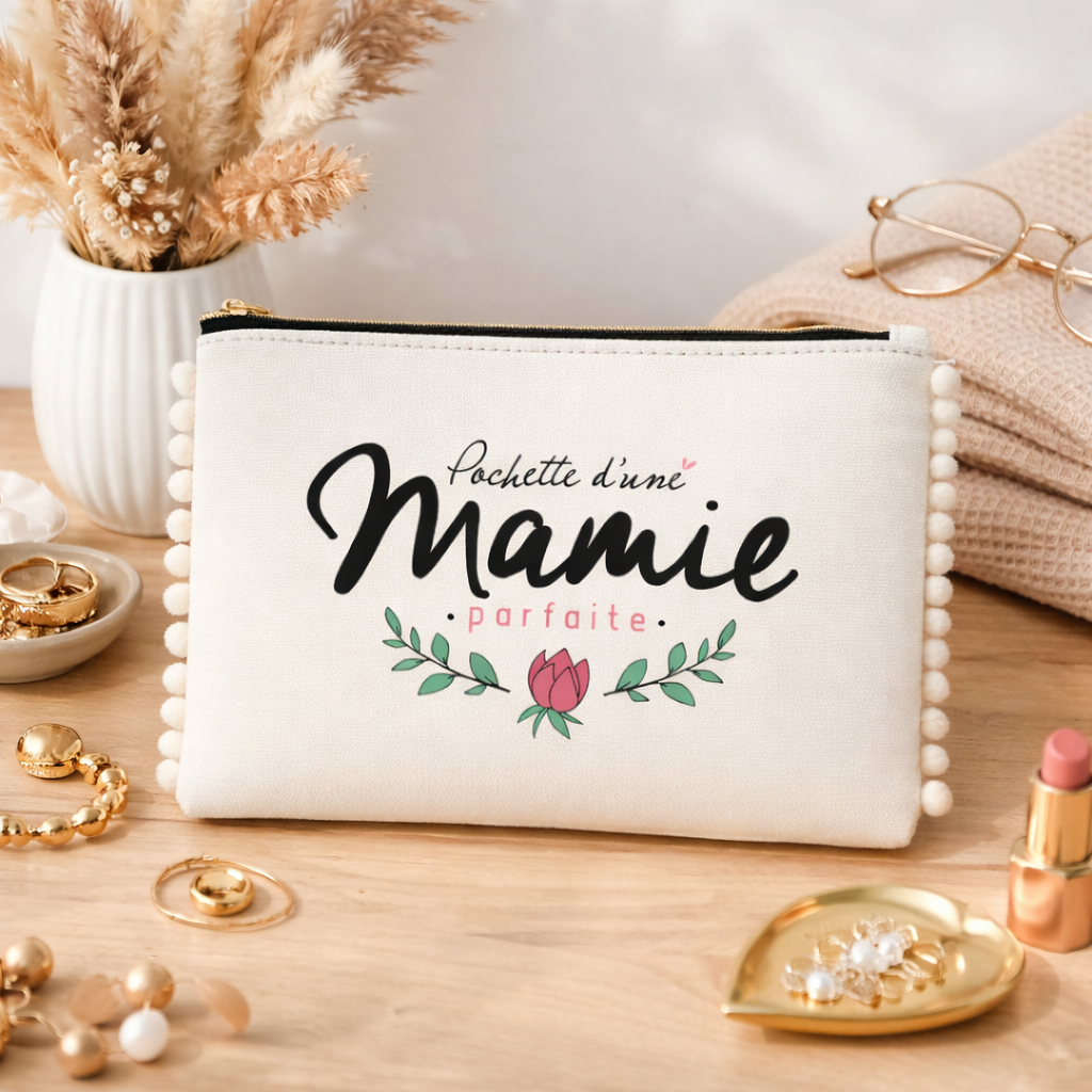 Pochette pompons mamie – Pochette d’une mamie parfaite – pochette coton – cadeau mamie – fête des grands-mères