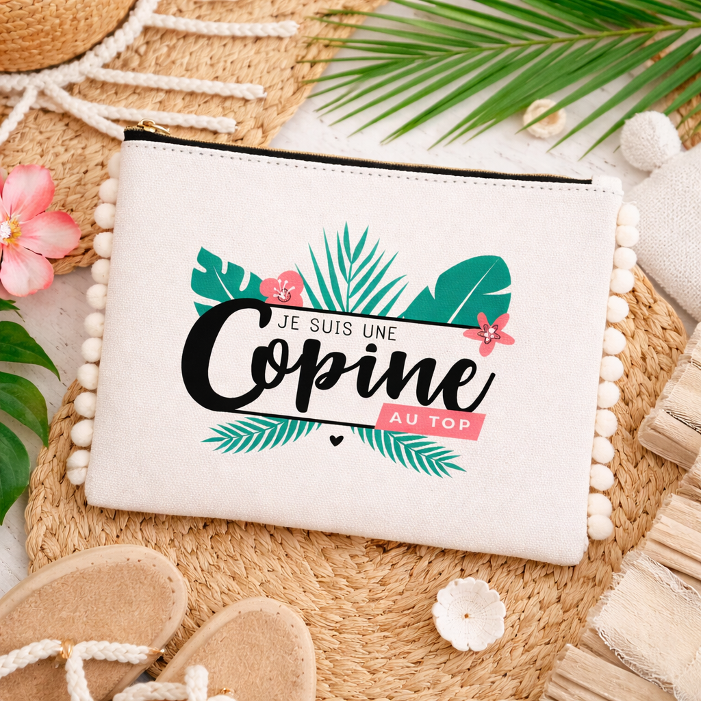 Pochette pompons copine – Je suis une copine au top – pochette coton – cadeau amie – anniversaire – Noël
