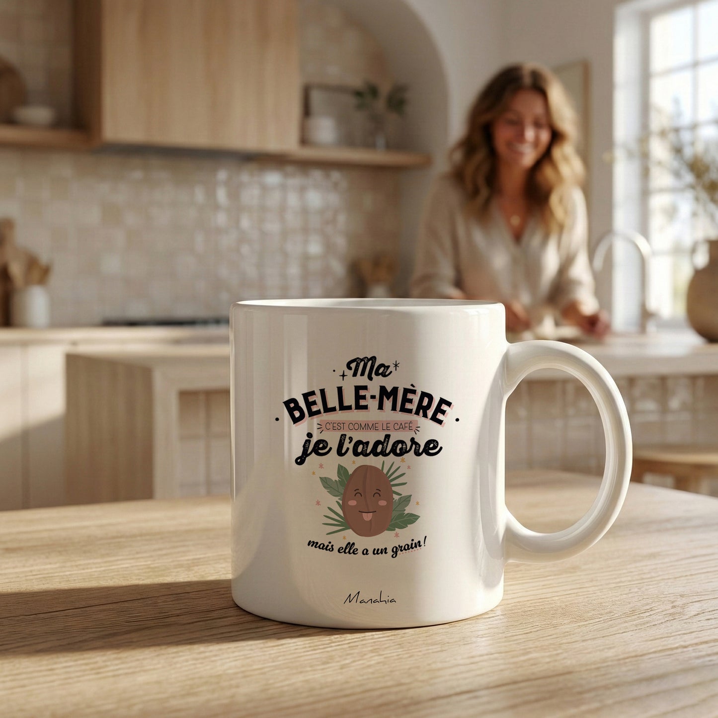 Mug belle-mère – Ma belle-mère c'est comme le café, je l'adore, mais elle a un grain !