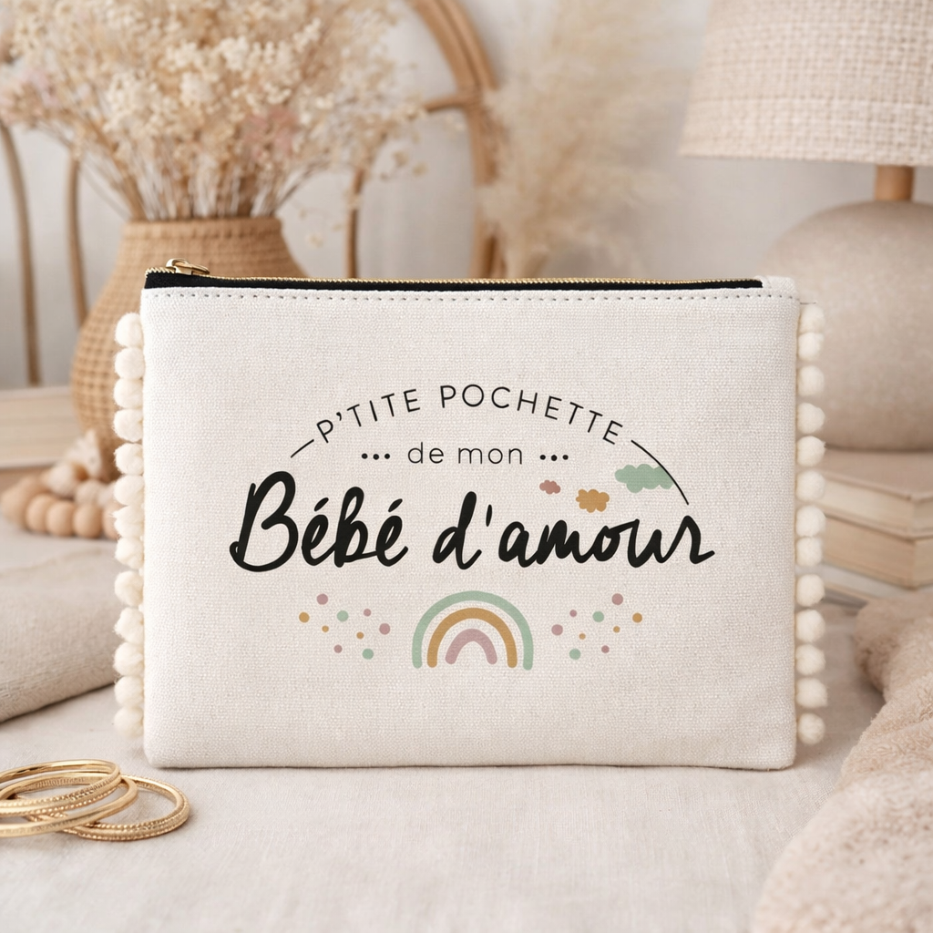 Pochette pompons bébé – P’tite pochette de mon bébé d’amour – pochette coton – cadeau naissance – bébé