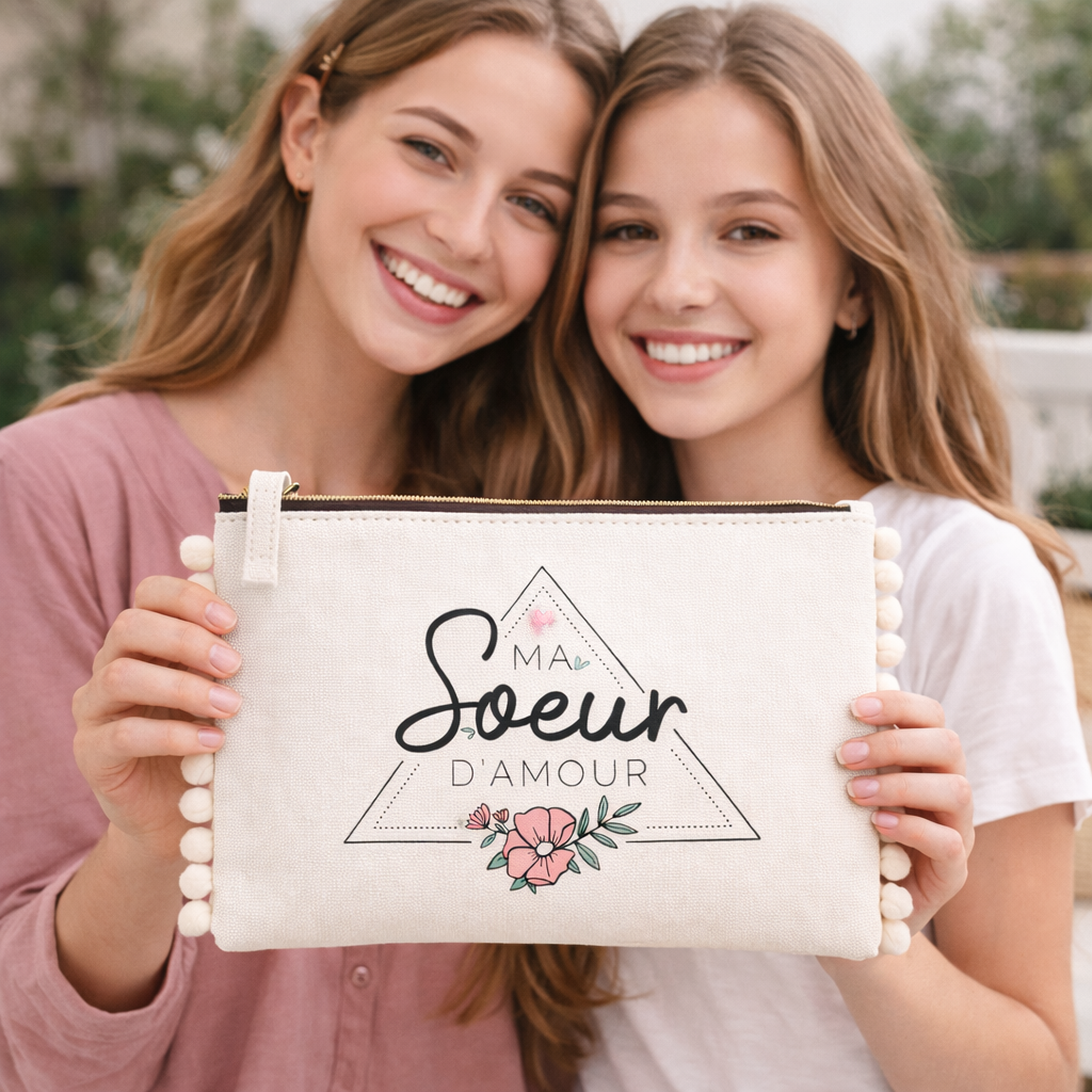 Pochette pompons sœur – Ma soeur d'amour – pochette coton – cadeau sœur