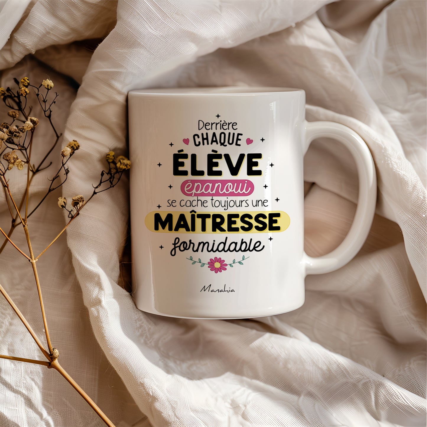 Mug maîtresse – Derrière chaque élève épanoui se cache une maîtresse formidable – cadeau maîtresse – fin d’année scolaire