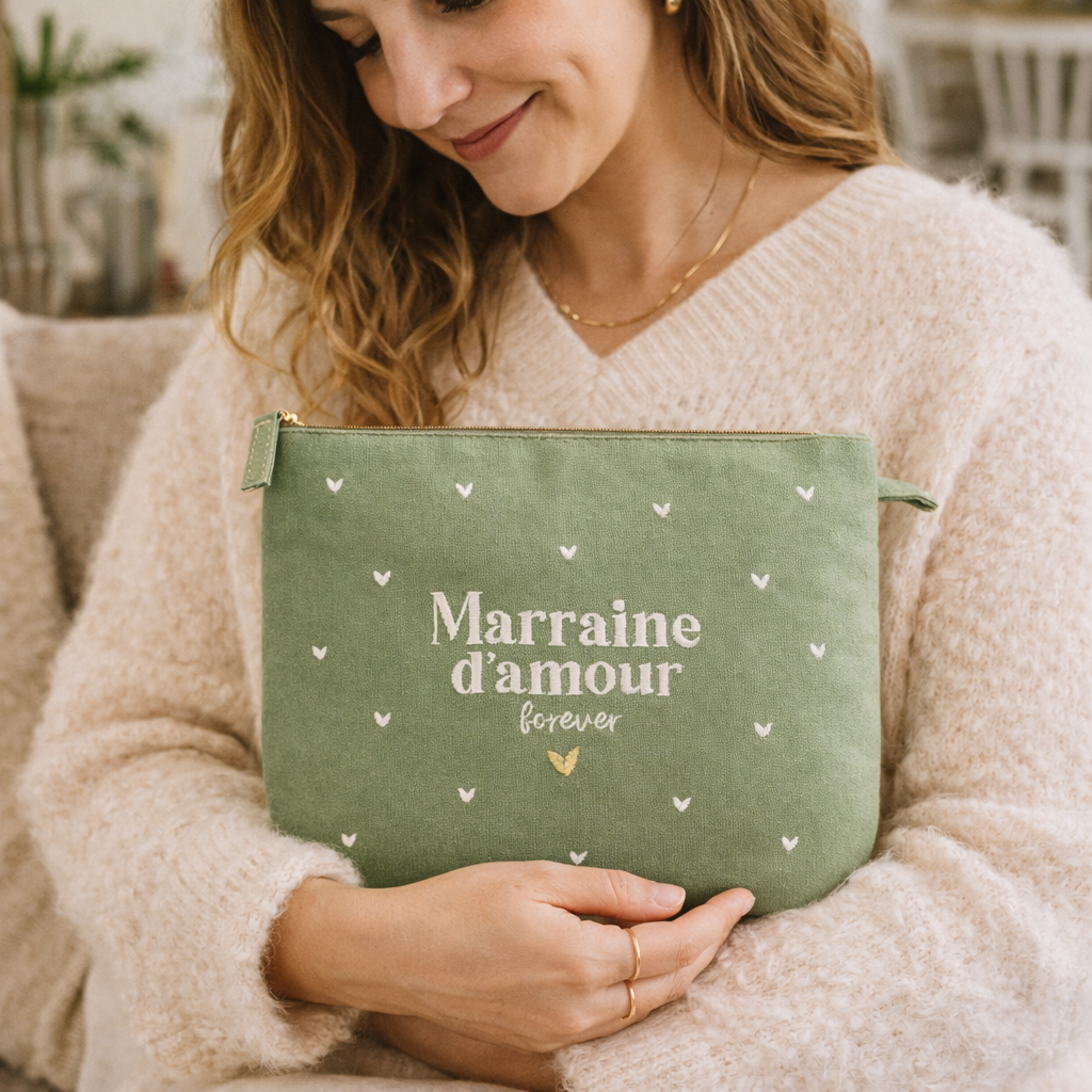 Pochette brodée marraine – Marraine d’amour forever – pochette coton – cadeau marraine – baptême