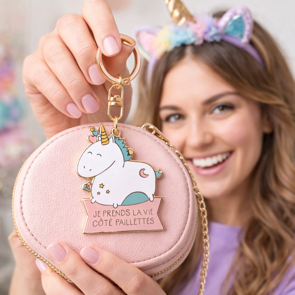 Porte-clés licorne – Je prends la vie côté paillettes – cadeau femme