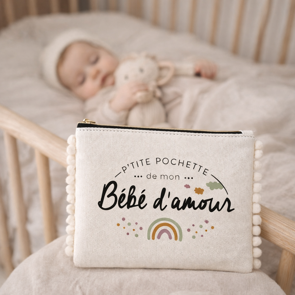 Pochette pompons bébé – P’tite pochette de mon bébé d’amour – pochette coton – cadeau naissance – bébé