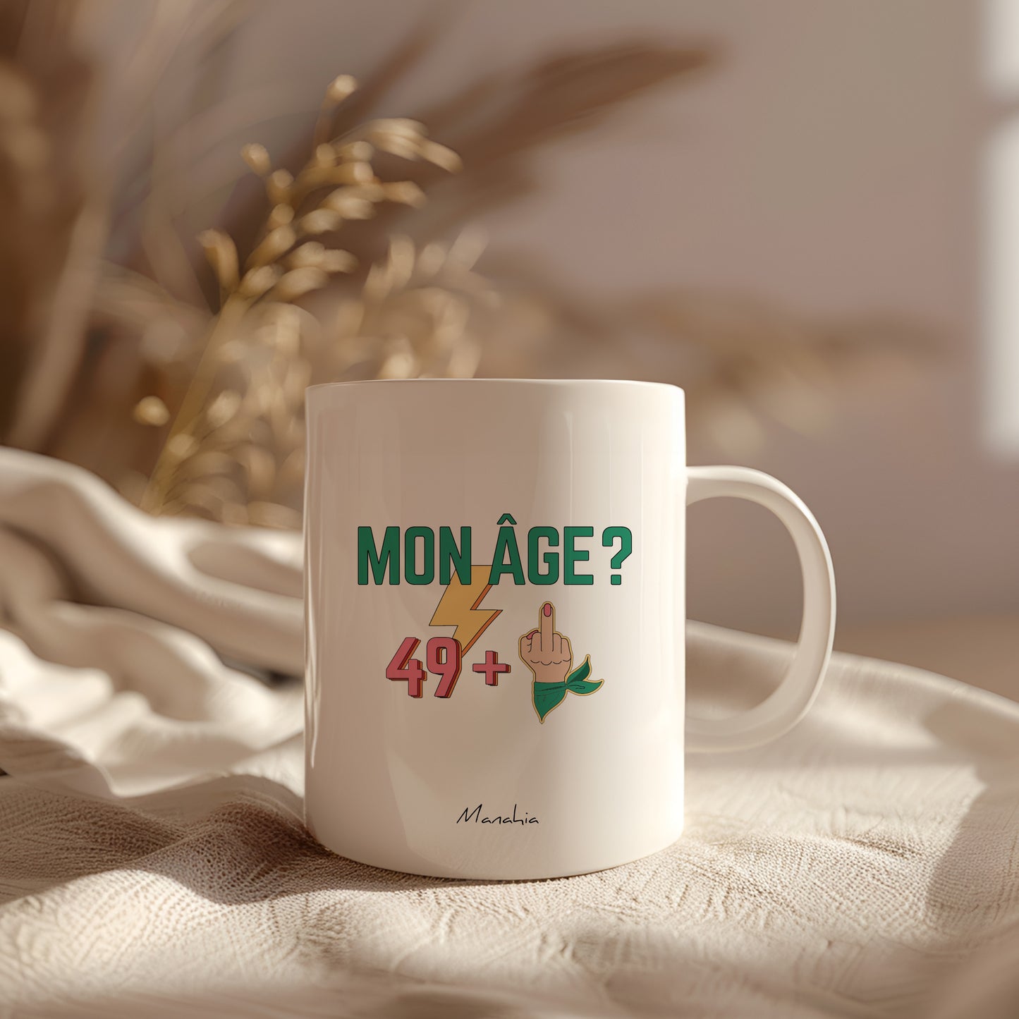 Mug anniversaire 50 ans - Femme - Mon âge ? 49 +