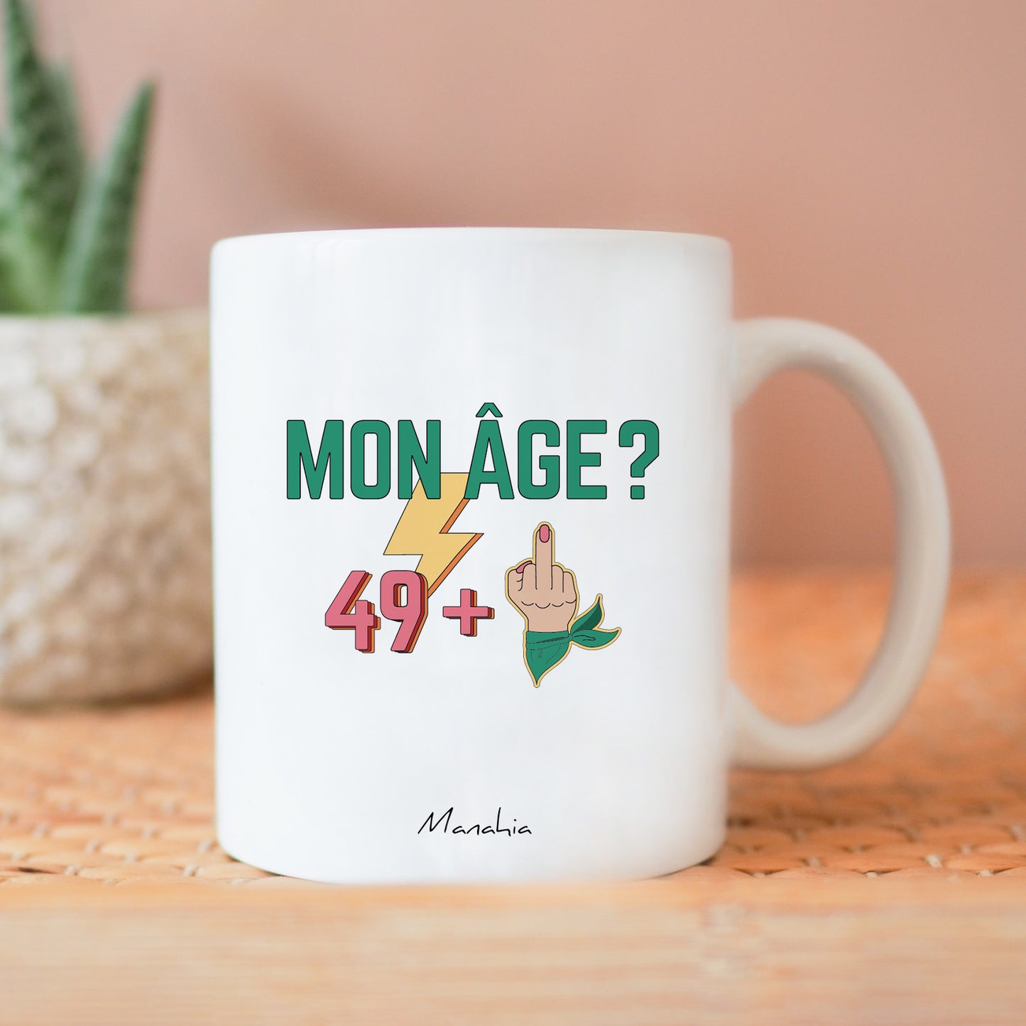 Mug anniversaire 50 ans - Femme - Mon âge ? 49 +