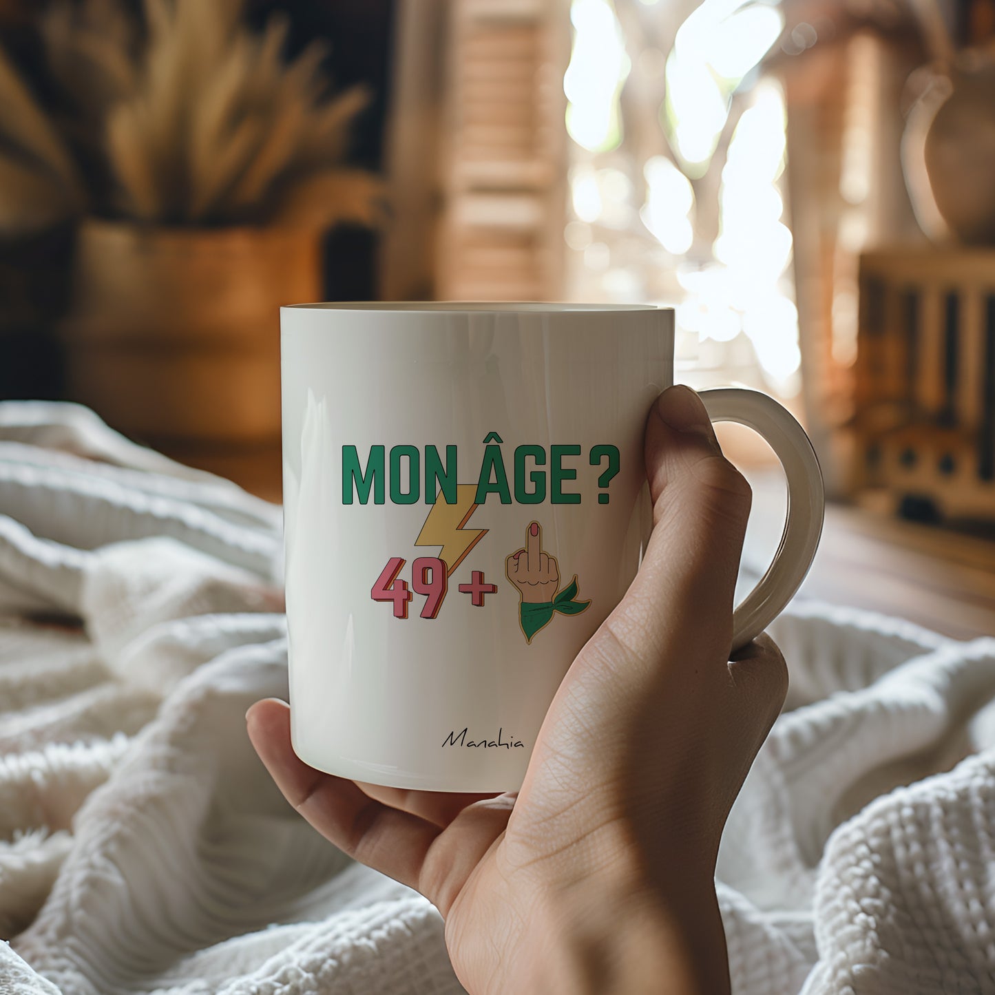 Mug anniversaire 50 ans - Femme - Mon âge ? 49 +