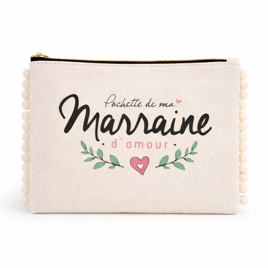 Pochette pompons marraine – Pochette de ma marraine d’amour – pochette coton – cadeau marraine – baptême