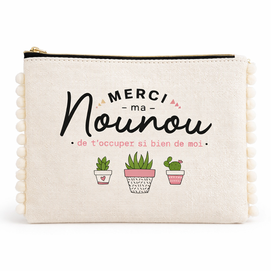 Pochette pompons nounou – Merci ma nounou de t’occuper si bien de moi – pochette coton – cadeau nounou – fin d’année scolaire