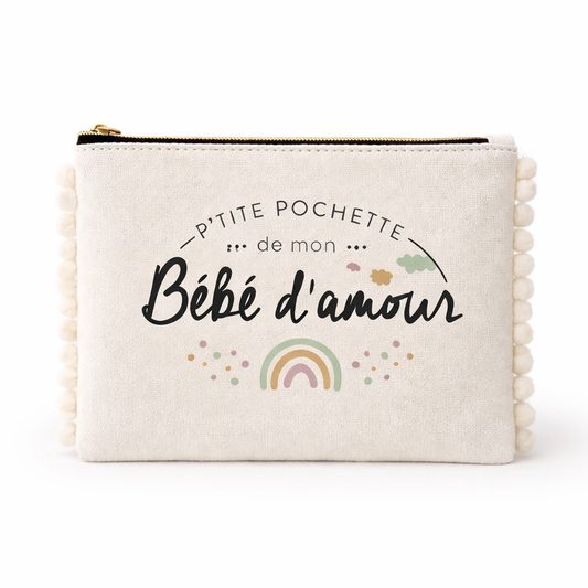Pochette pompons bébé – P’tite pochette de mon bébé d’amour – pochette coton – cadeau naissance – bébé