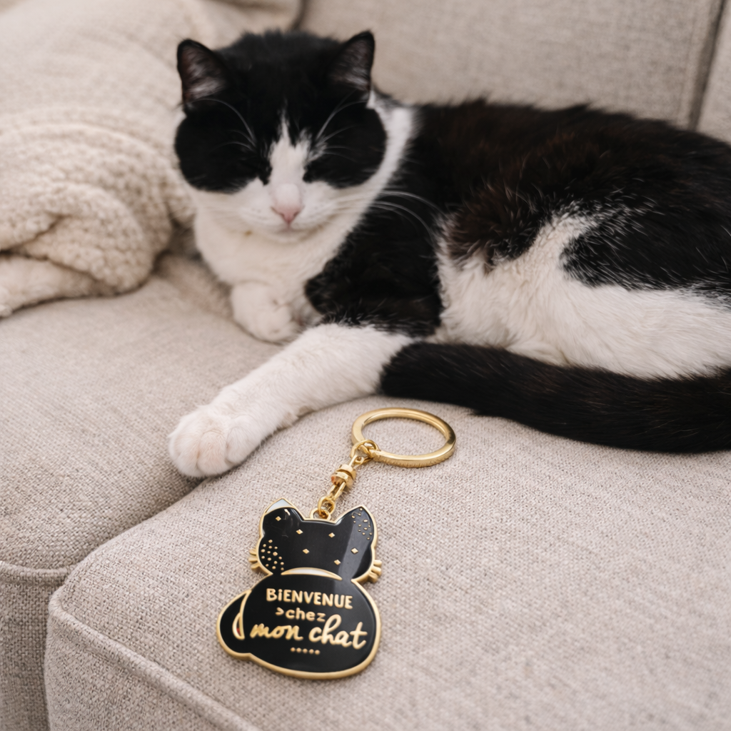 Porte-clés - Chat - Bienvenue chez mon chat – cadeau chat – cadeau crémaillère