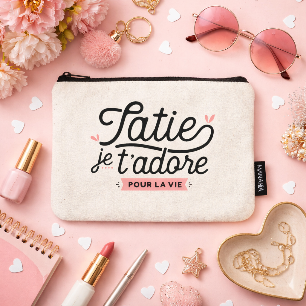 Pochette tatie – Tatie je t’adore pour la vie – pochette coton – cadeau tata