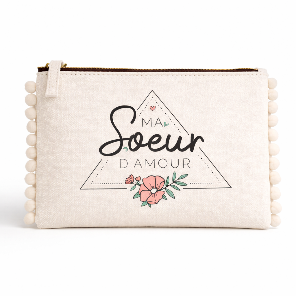 Pochette pompons sœur – Ma soeur d'amour – pochette coton – cadeau sœur