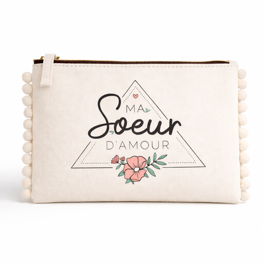 Pochette pompons sœur – Ma soeur d'amour – pochette coton – cadeau sœur