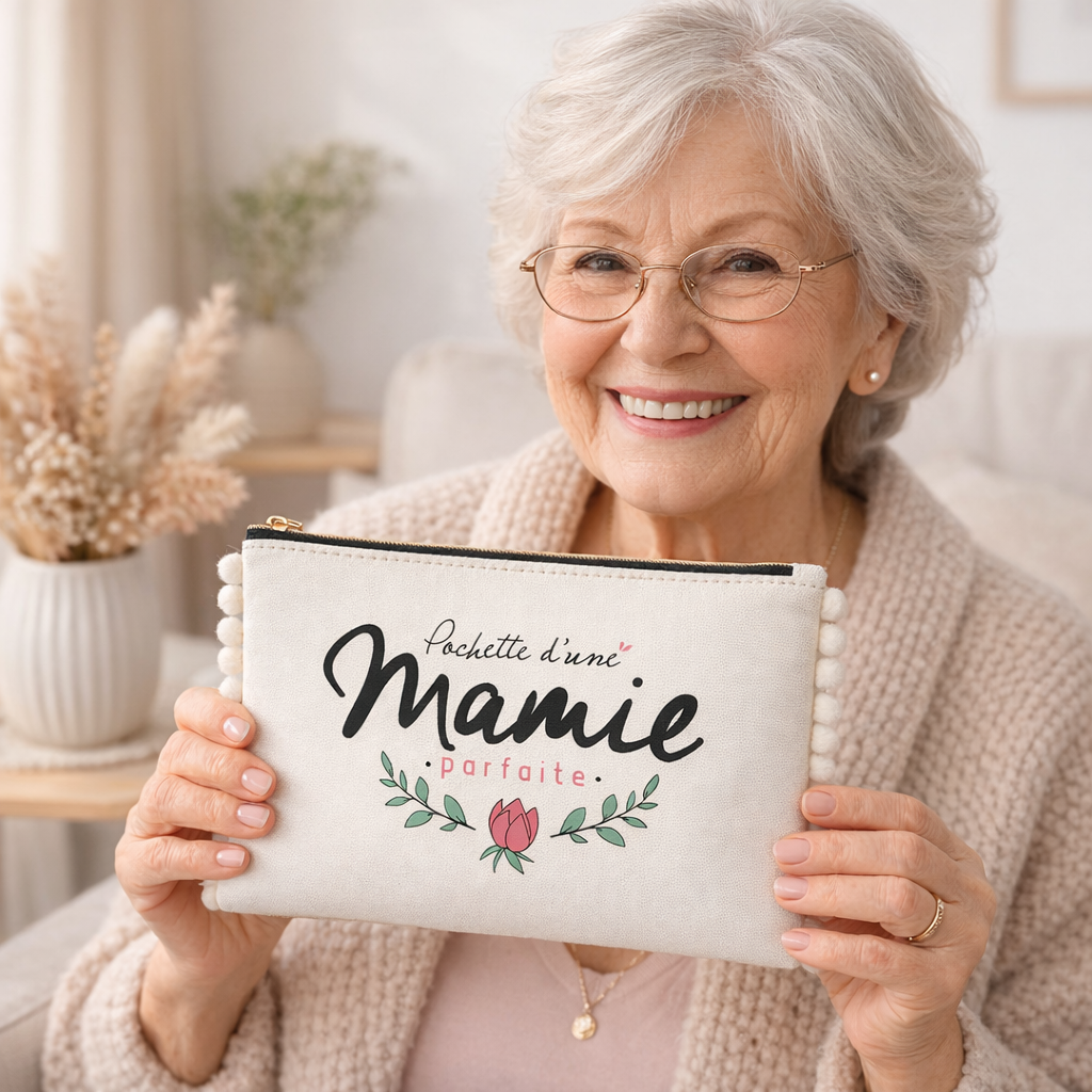 Pochette pompons mamie – Pochette d’une mamie parfaite – pochette coton – cadeau mamie – fête des grands-mères