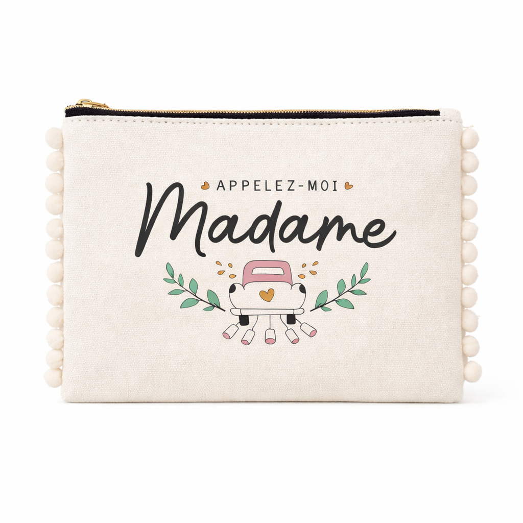 Pochette pompons mariée – Appelez moi madame – pochette coton – cadeau mariage – EVJF – future mariée