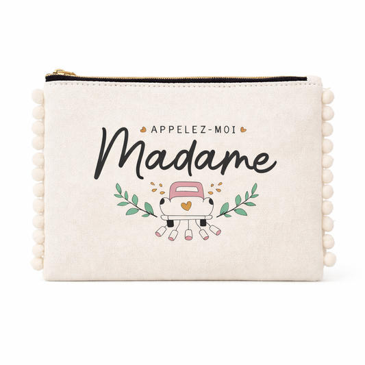 Pochette pompons mariée – Appelez moi madame – pochette coton – cadeau mariage – EVJF – future mariée
