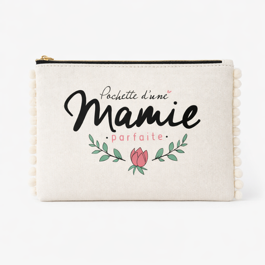 Pochette pompons mamie – Pochette d’une mamie parfaite – pochette coton – cadeau mamie – fête des grands-mères