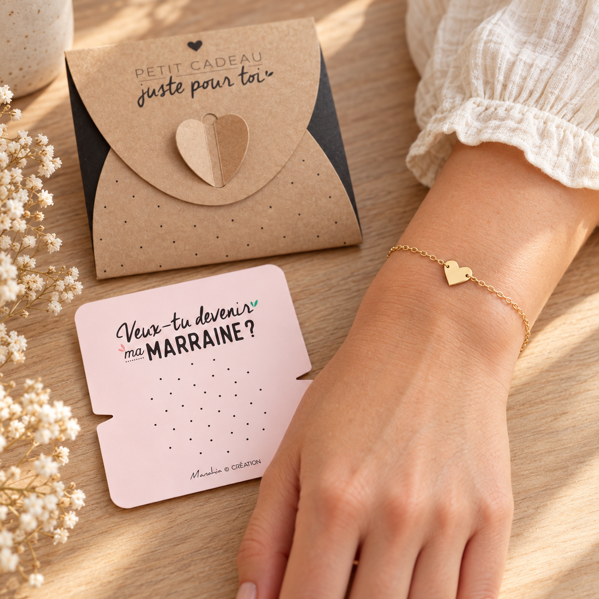 Bracelet Demande Marraine - Coeur Doré en Acier Inoxydable