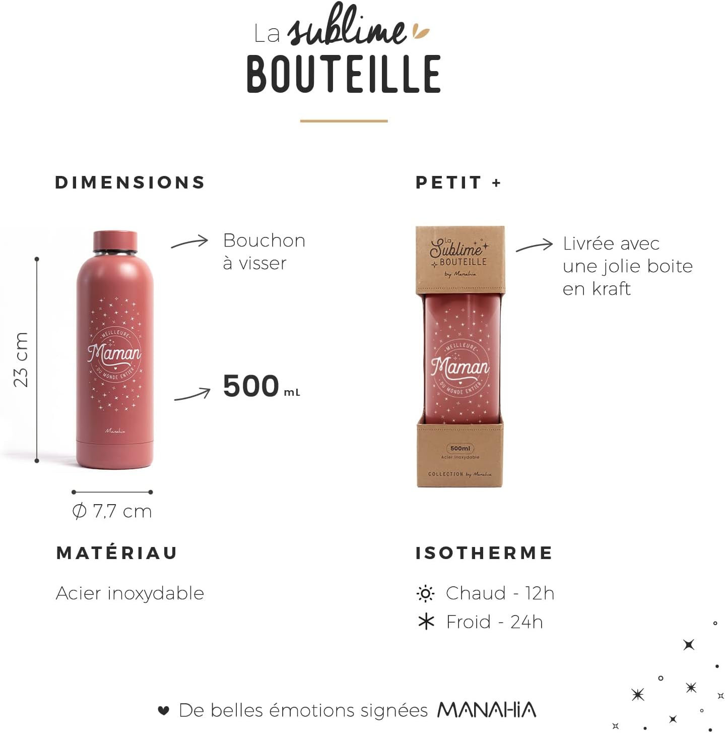 Bouteille maman – Meilleure maman du monde entier – gourde isotherme inox 500 ml – cadeau maman – fête des mères