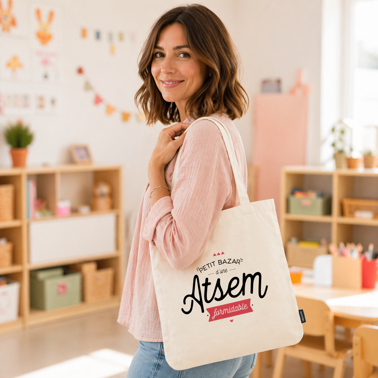 Tote bag ATSEM – Petit bazar d’une ATSEM formidable – sac coton – cadeau ATSEM – fin d’année scolaire