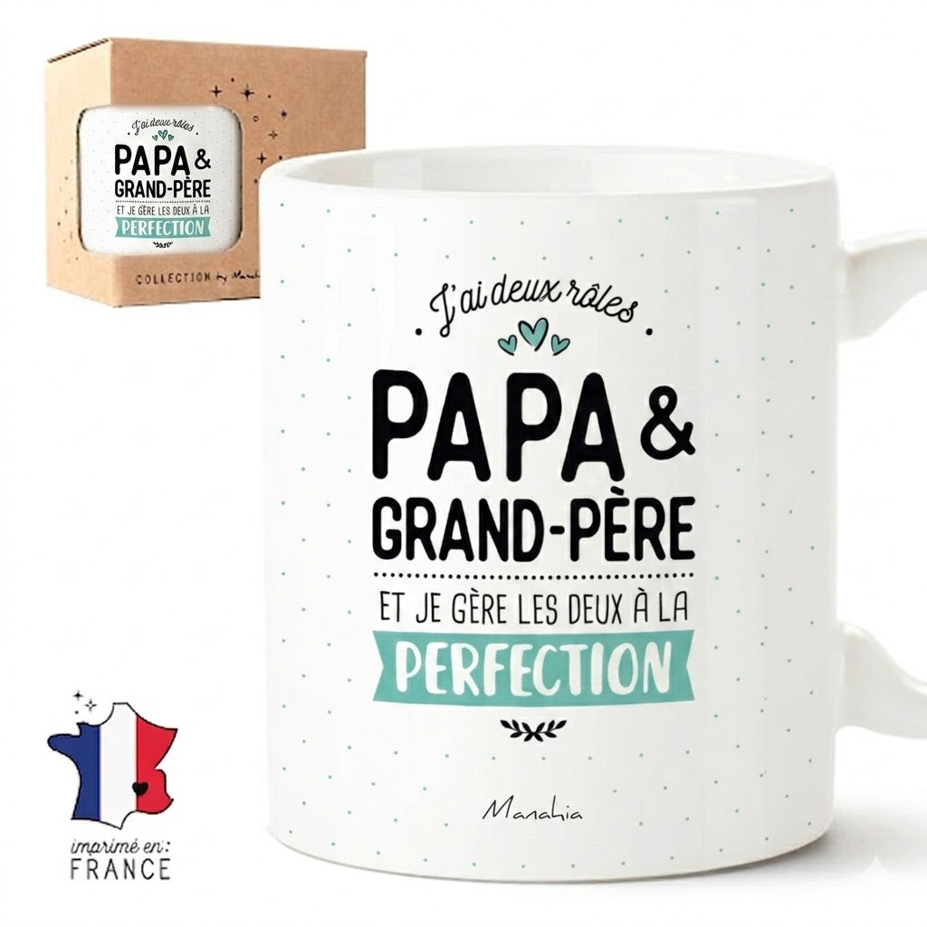 Mug papa grand-père – J'ai deux rôles, papa et grand-père et je gère les deux à la perfection – cadeau papa – cadeau grand-père