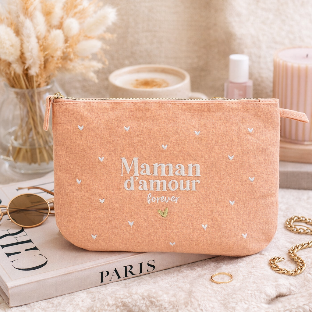 Pochette brodée maman – Maman d’amour forever – pochette coton – cadeau maman – fête des mères