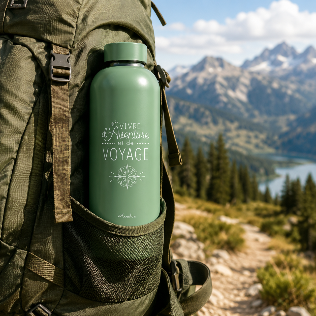 Bouteille aventure – Vivre d'aventure et de voyage – gourde isotherme inox 500 ml – cadeau voyageur – randonnée