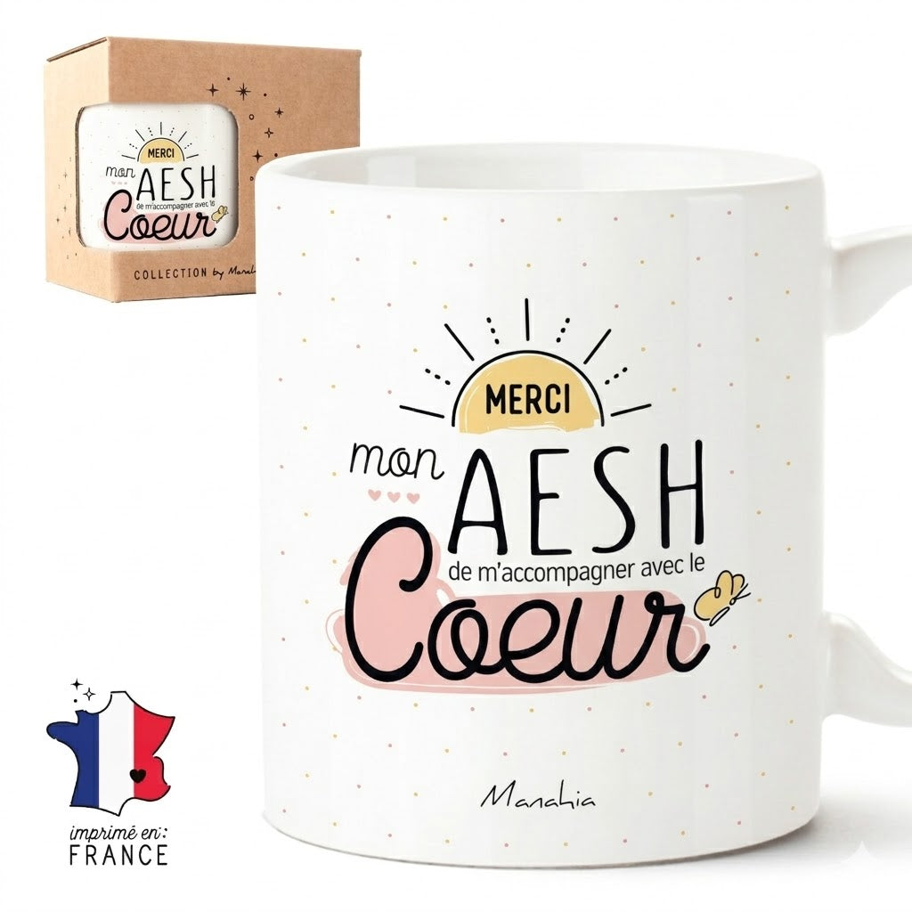Mug AESH – Merci mon AESH de m'accompagner avec le cœur – cadeau AESH – fin d’année scolaire