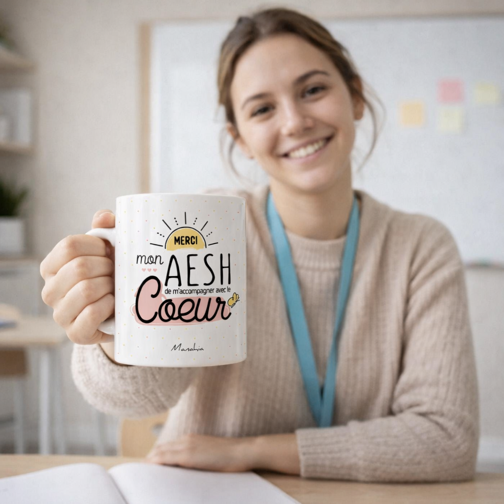 Mug AESH – Merci mon AESH de m'accompagner avec le cœur – cadeau AESH – fin d’année scolaire