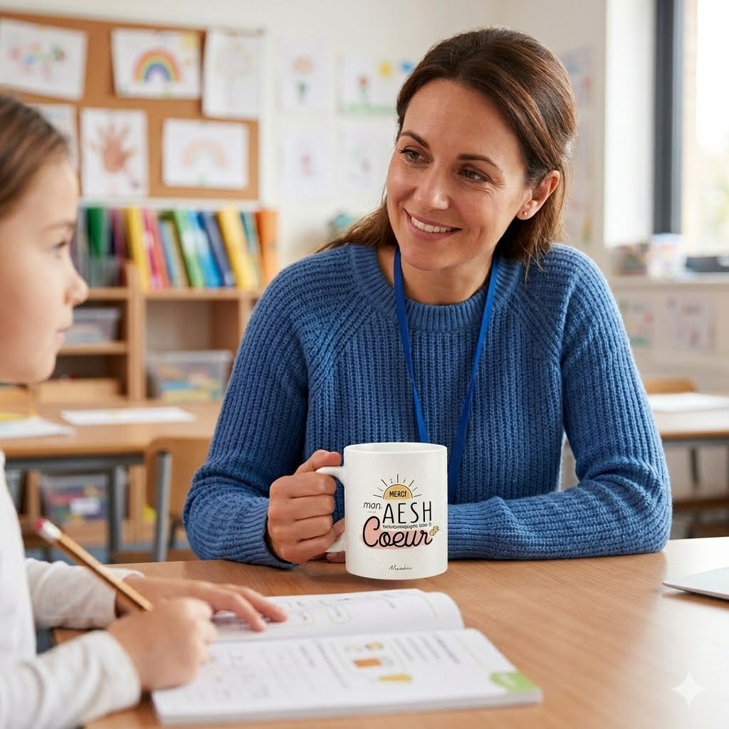 Mug AESH – Merci mon AESH de m'accompagner avec le cœur – cadeau AESH – fin d’année scolaire