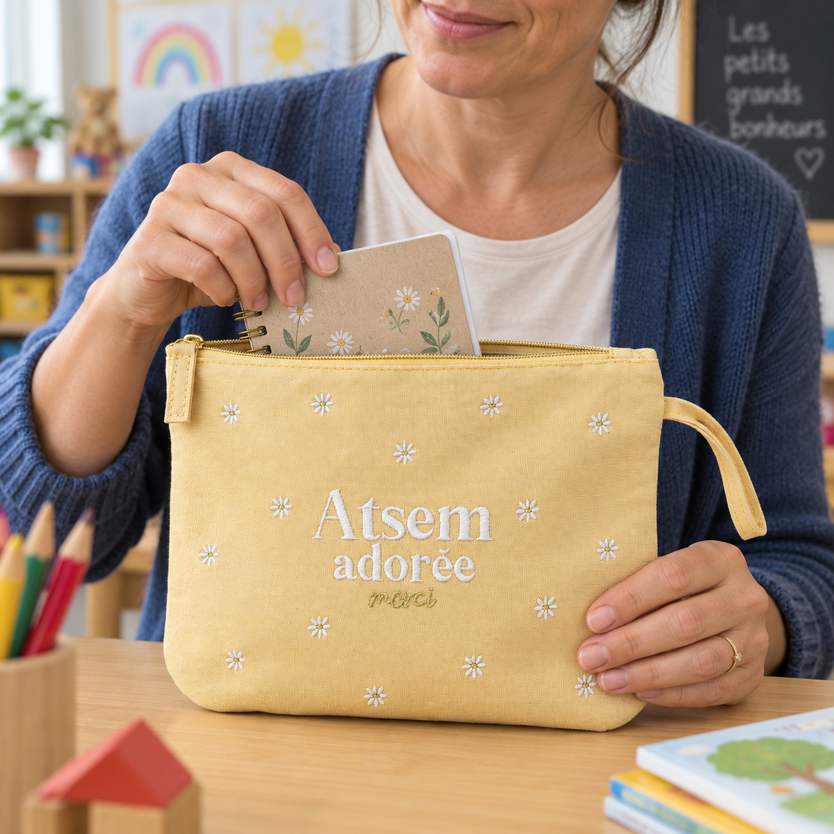 Pochette brodée ATSEM – Atsem adorée, merci
