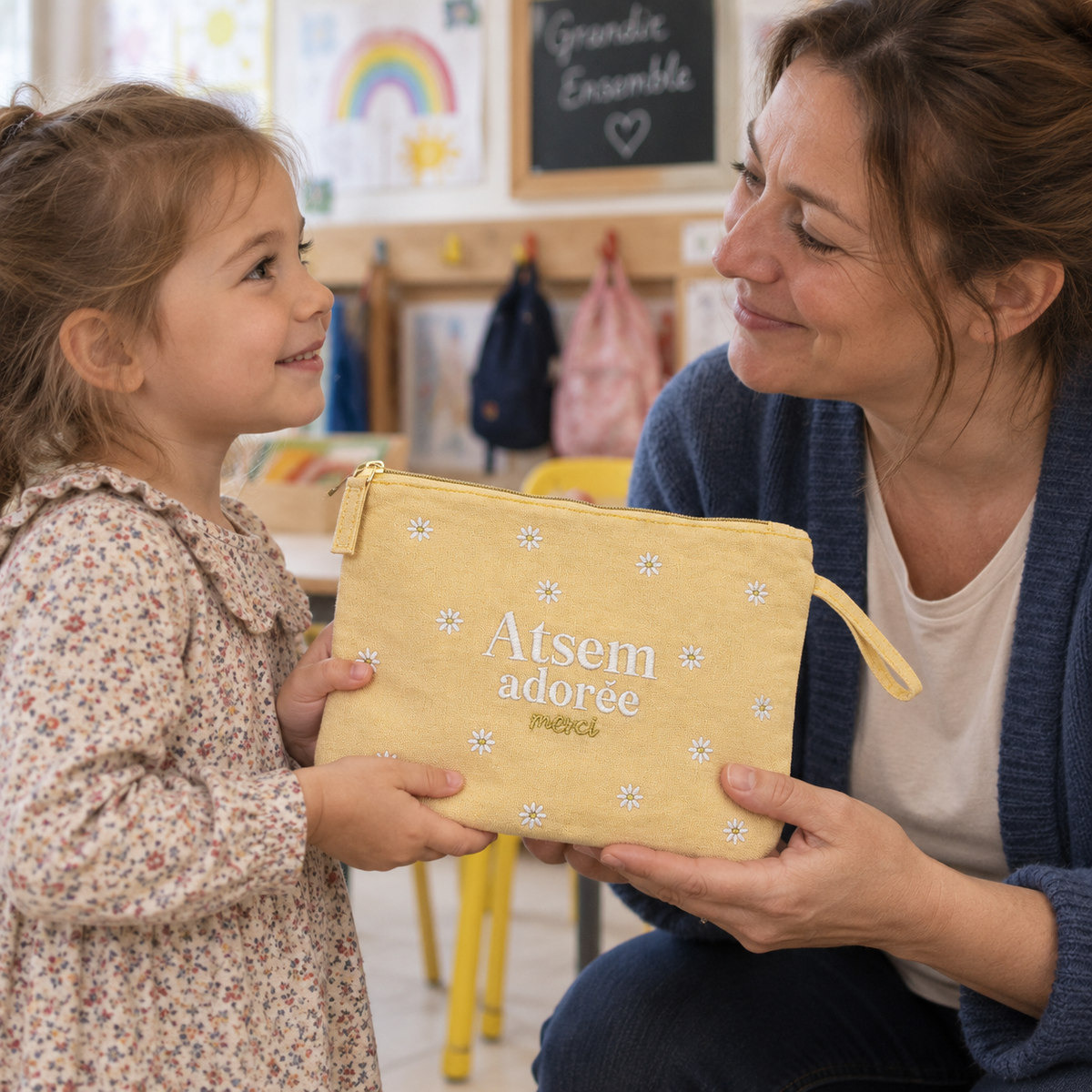 Pochette brodée ATSEM – Atsem adorée, merci