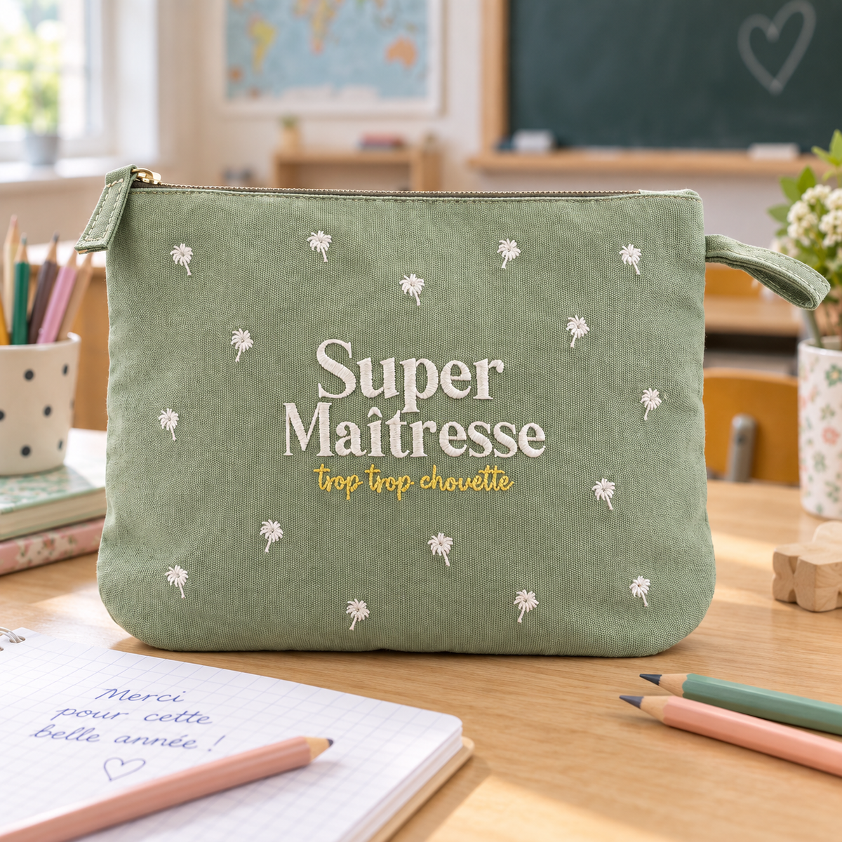 Pochette brodée maîtresse – Super maîtresse trop trop chouette