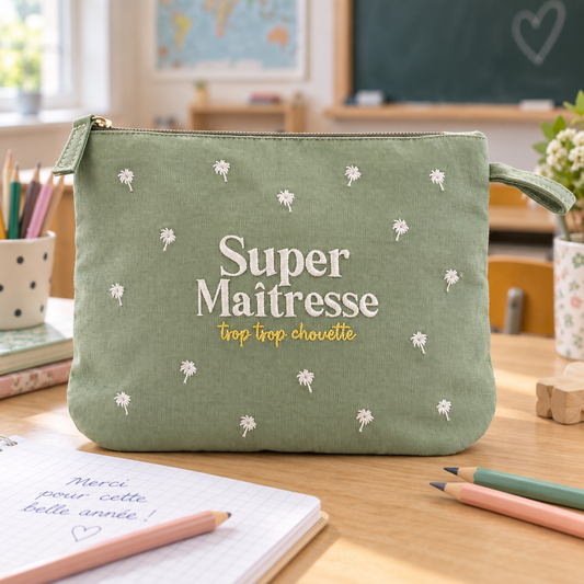 Pochette brodée maîtresse – Super maîtresse trop trop chouette