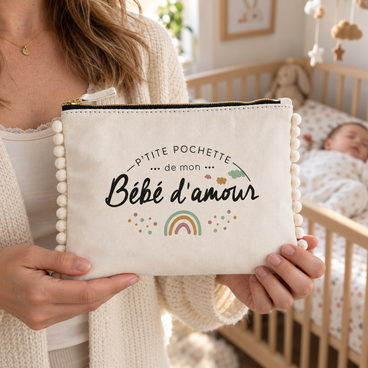 Pochette pompons bébé – P'tite pochette de mon bébé d'amour