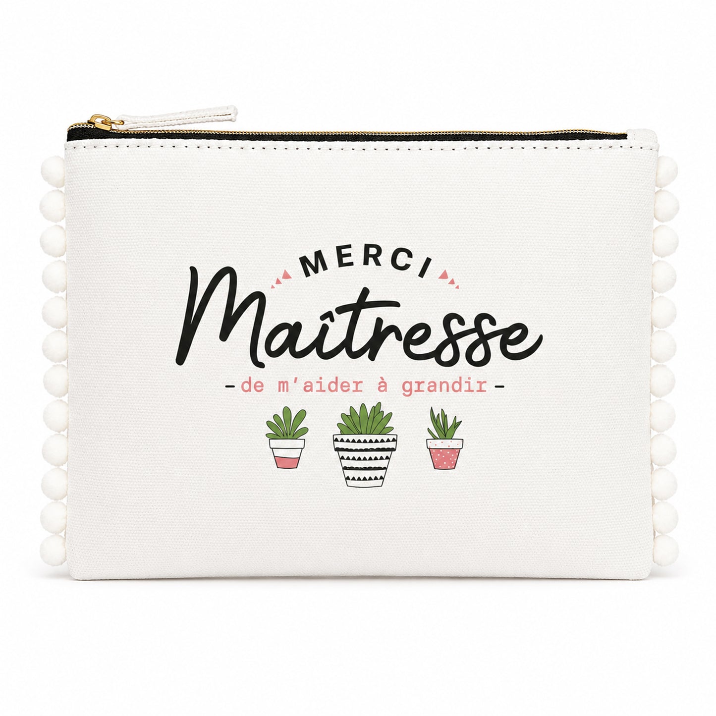 Pochette pompons maîtresse – Merci maîtresse de m’aider à grandir – pochette coton – cadeau maîtresse – fin d’année scolaire