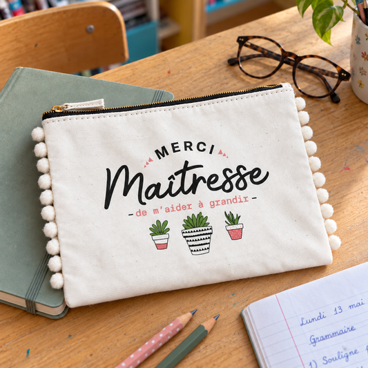Pochette pompons maîtresse – Merci maîtresse de m'aider à grandir