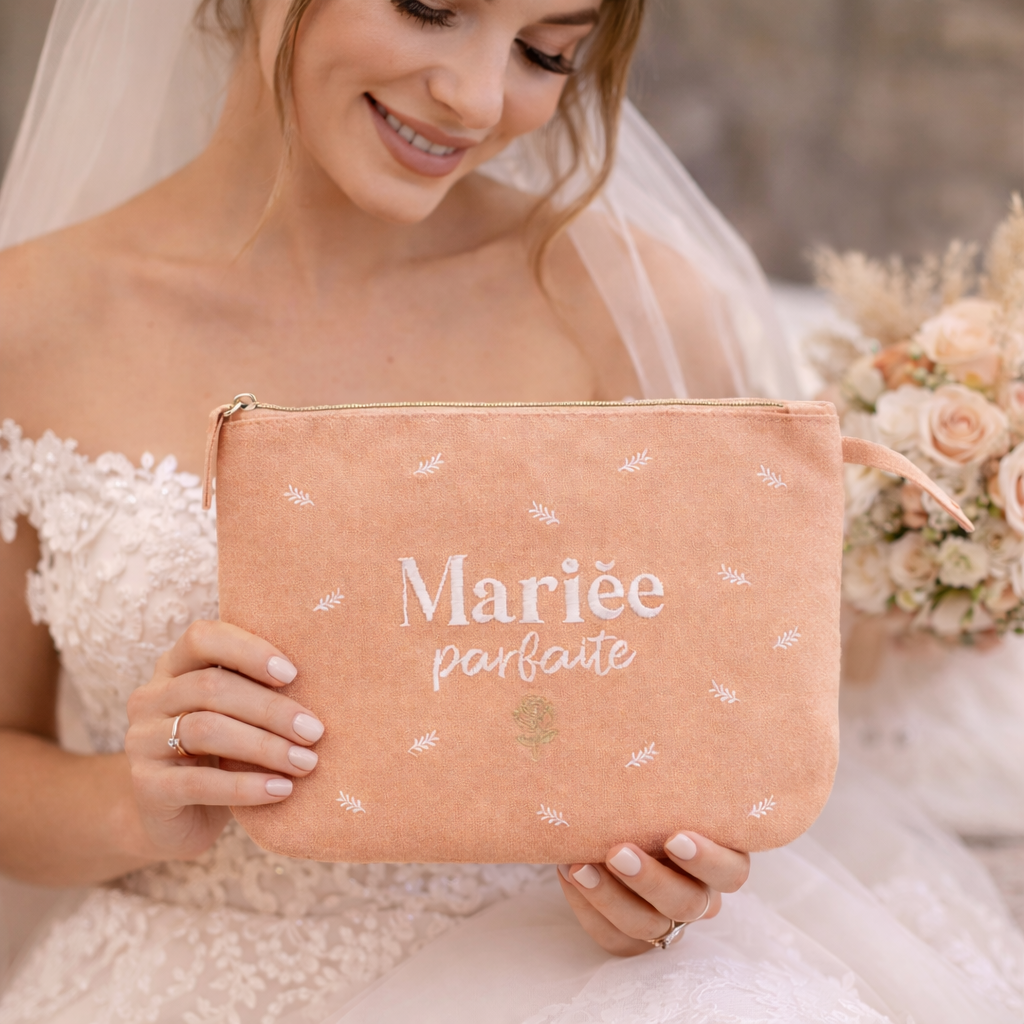 Pochette brodée mariée – Mariée parfaite – pochette coton – cadeau mariage – EVJF – future mariée