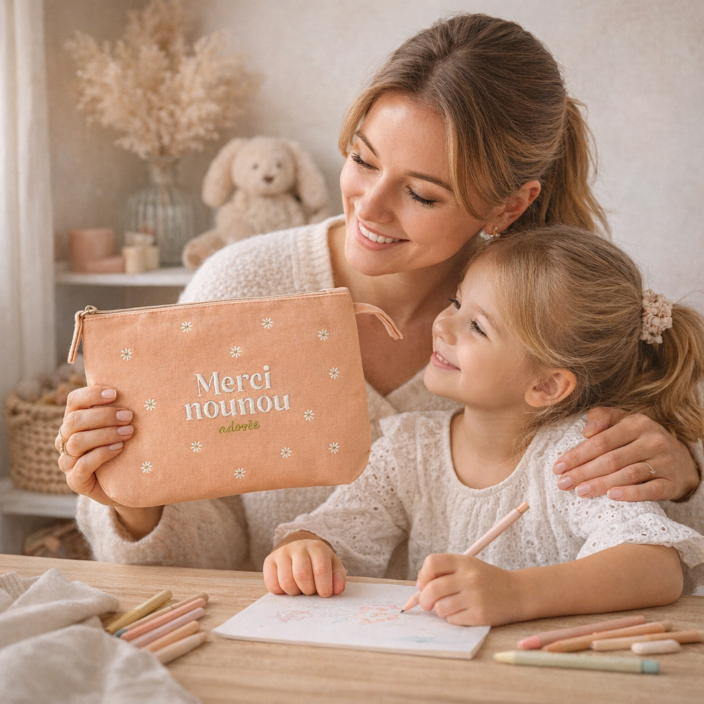 Pochette brodée nounou – Merci nounou adorée – pochette coton – cadeau nounou – fin d’année scolaire